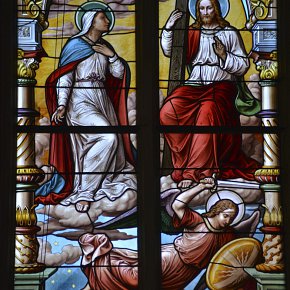 Schruns, Pfarrkirche Hl. Jodok, Christus, Maria, Erzengel Michael, 1895 Zur Ehre des heiligsten Herzen Maria gewidmet von Franz Anton Barbisch u. Gattin M. Katharina Fritsch  A.D. 1895