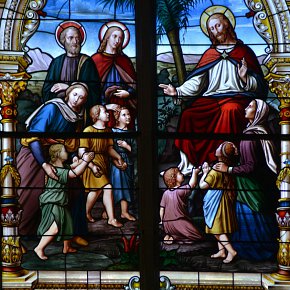 Schruns, Pfarrkirche Hl. Jodok, Christus und die Kinder, Zur Ehre d. hl. Nährvater Jesu Christi gew. v. Pfarrer Jos. Aegidius Mayer u. Kirchprobst Ant. Maklott A.D. 1895